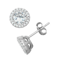Sterling Silver Round CZ with CZ Border Stud Earrings