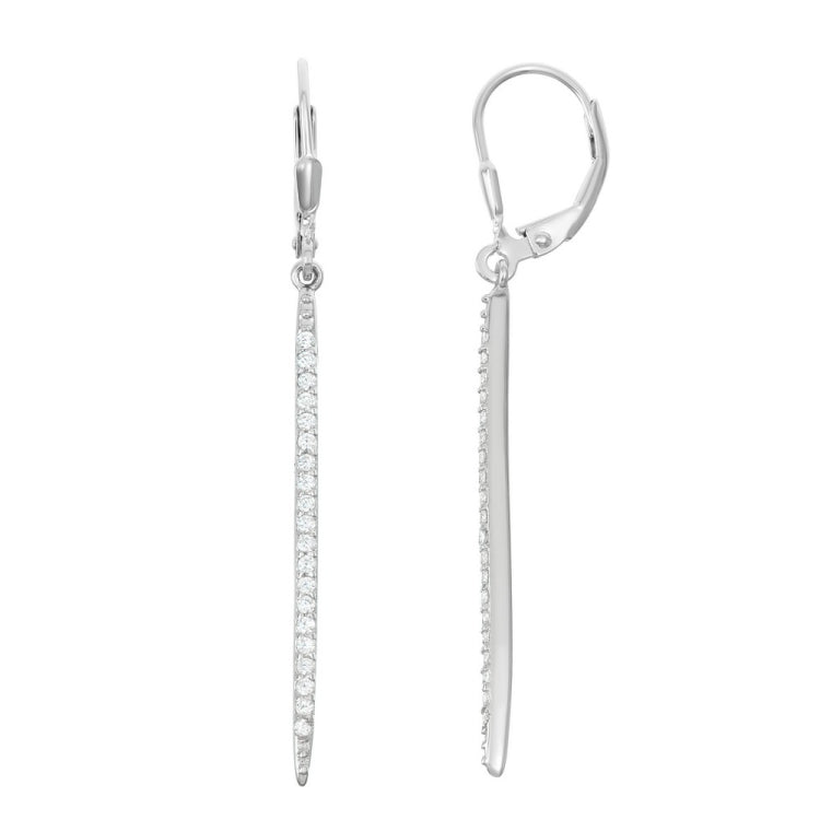 Sterling Silver Long Thin CZ Bar Earrings