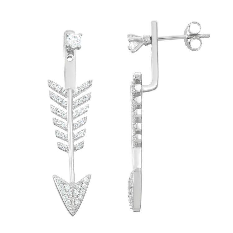 Sterling Silver CZ Front With CZ Arrow Back Earrings