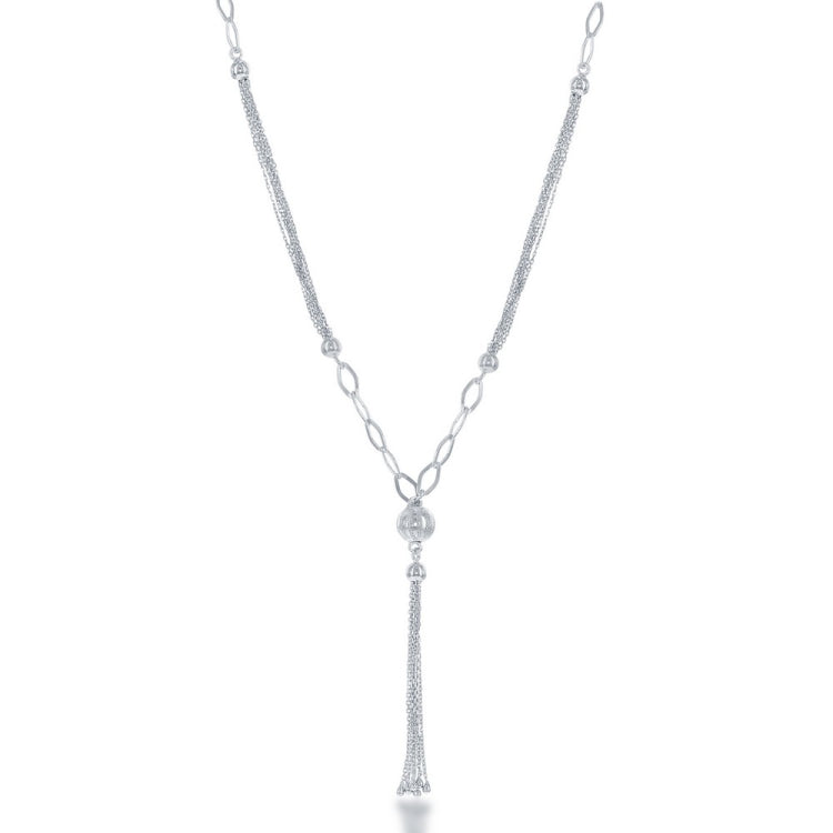 Sterling Silver Multi Strand with Open Chain And Diamond Cut Bead Tassle Necklace