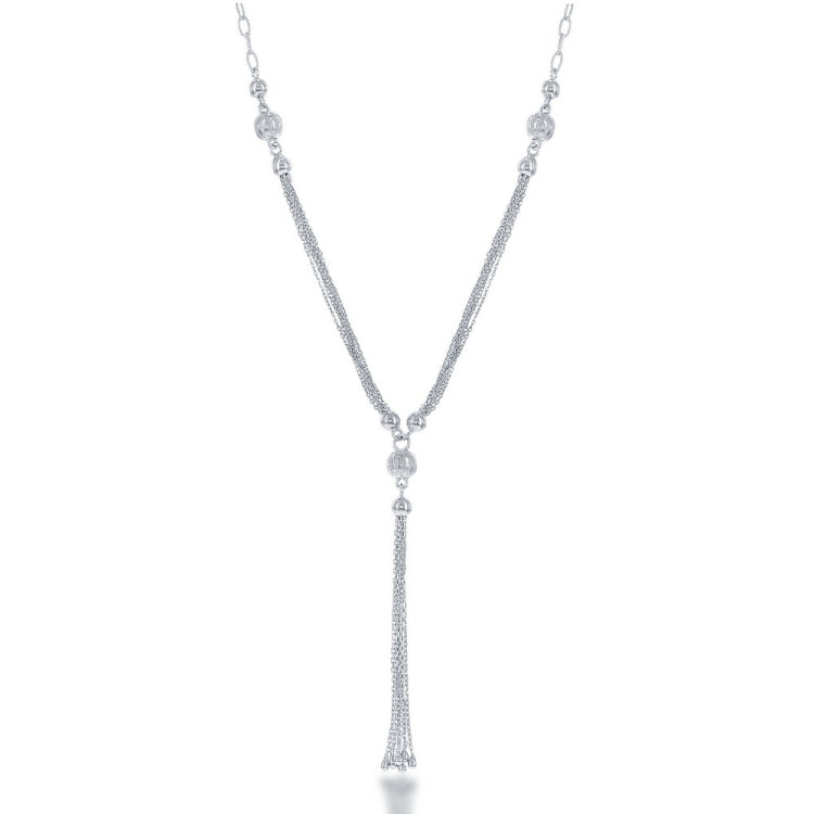 Sterling Silver  Multi Strand w/ Diamond Cut Chain And Diamond Cut Bead Tassle Necklac