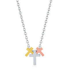Sterling Silver  GP, Rose GP, and Silver Triple Cross Necklace