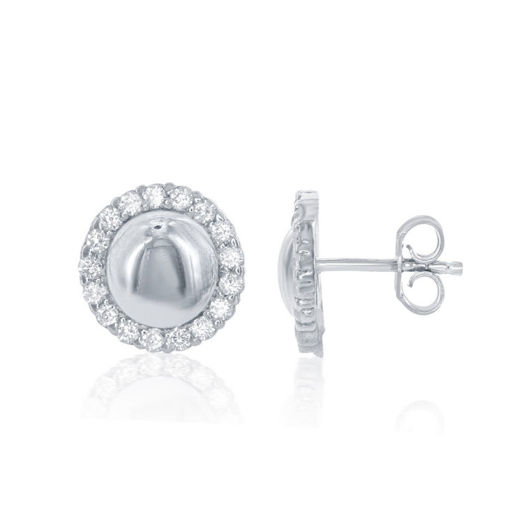 Sterling Silver CZ Border Round Stud Earrings