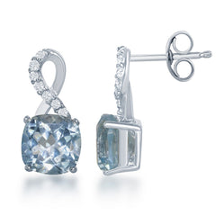 Sterling Silver Small Square Blue Topaz with White Topaz on Top Earrings