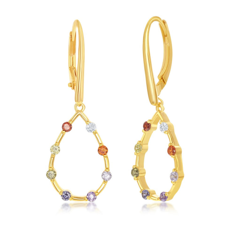 Sterling Silver Gold Plated Rainbow CZ Open Pear-Shaped Dangle Earrings