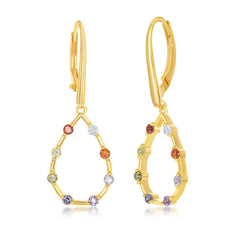 Sterling Silver Gold Plated Rainbow CZ Open Pear-Shaped Dangle Earrings