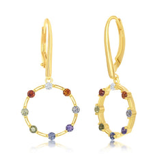 Sterling Silver Gold Plated Rainbow CZ Open Circle Dangle Earrings