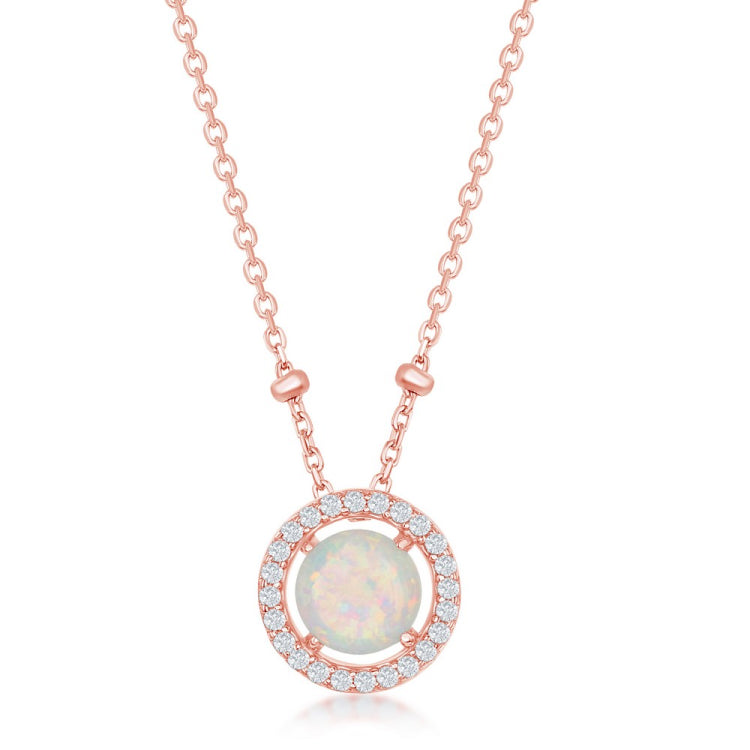 Sterling Silver Round White Opal with CZ Halo Beads by The Yard Necklace - Rose Gold Plated