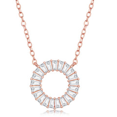 Sterling Silver Baguette CZ Open Circle Necklace - Rose Gold Plated