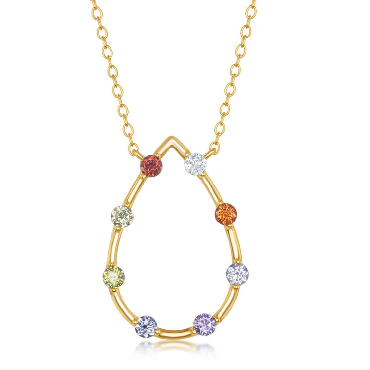 Sterling Silver Rainbow CZ Open Pear-Shaped Necklace - Gold Plated