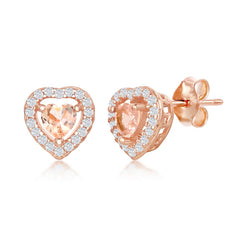 Sterling Silver Rose Gold Plated Heart Morganite CZ with White CZ Border Stud Earrings
