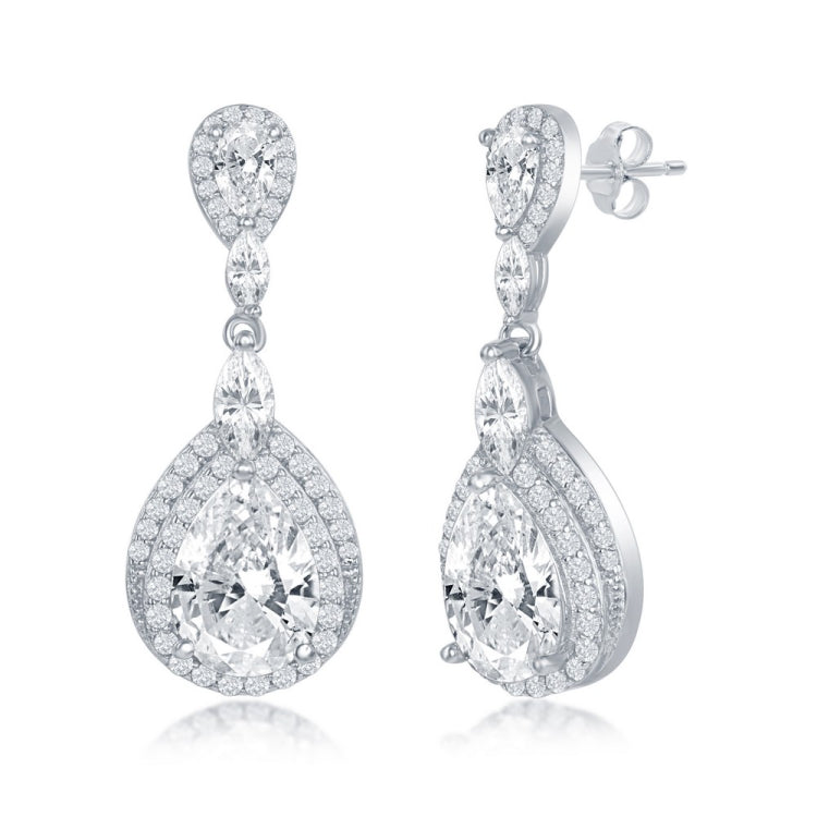 Sterling Silver Double Pearshaped CZ Dangling Earrings