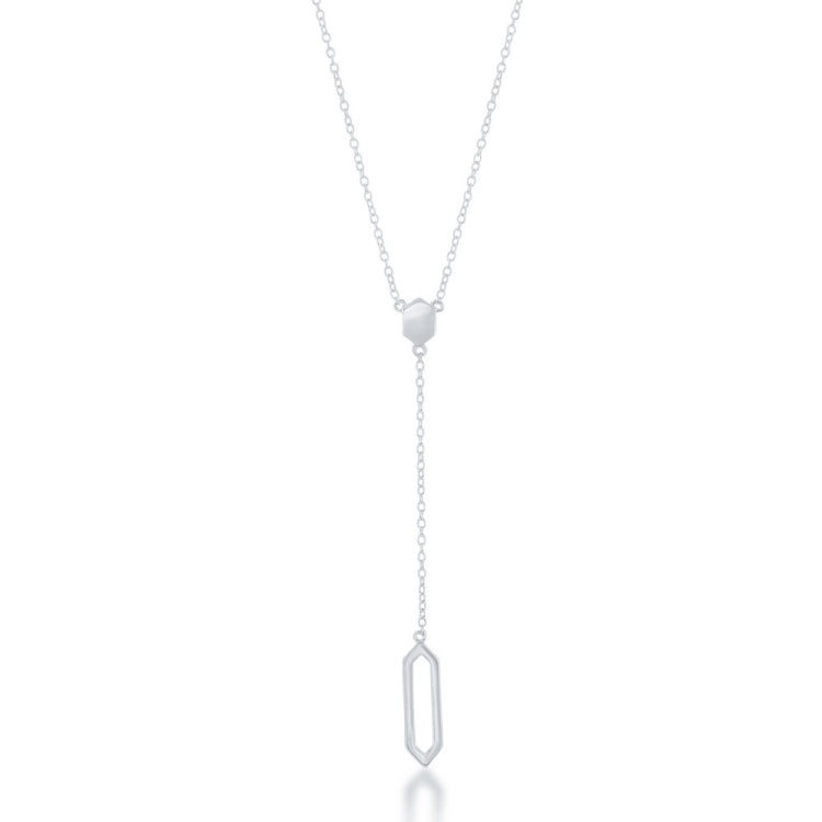 Sterling Silver Flat Hexagon with Hanging Open Long Hexagon Necklace