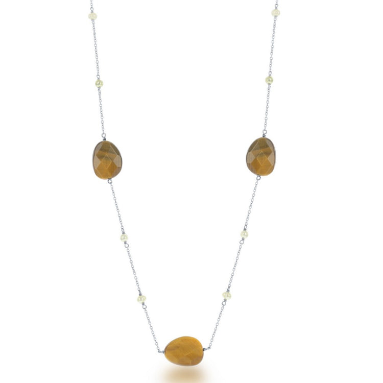 Sterling Silver  Brown Tiger Eye with Tiny Round Freshwater Pearls Necklace