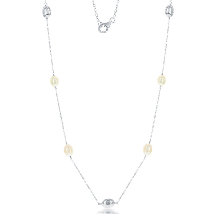 Sterling Silver Oval Freshwater Pearls with Shiny Beads Necklace