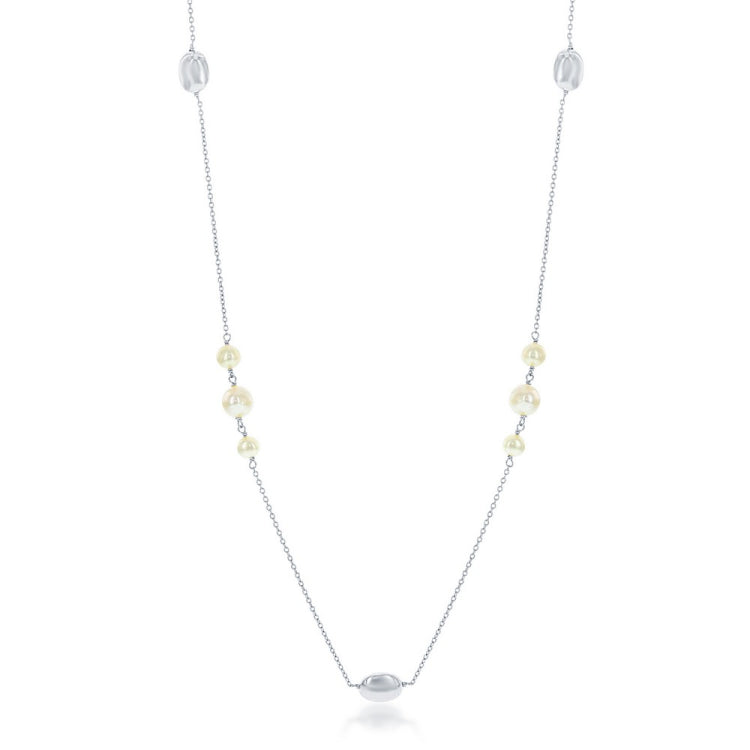 Sterling Silver Small Round Freshwater Pearls with Shiny Oval Beads Necklace