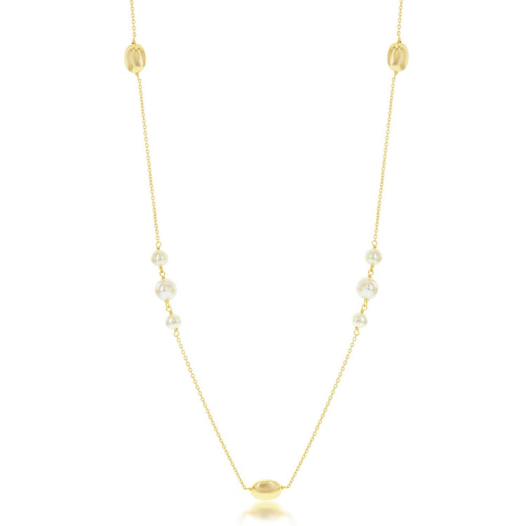 Sterling Silver GP Small Round Freshwater Pearls with Shiny Oval Beads Necklace