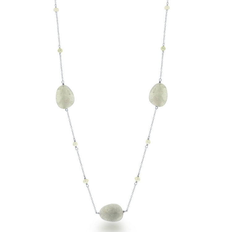 Sterling Silver  Green Labrodorite with Tiny Round Freshwater Pearls Necklace