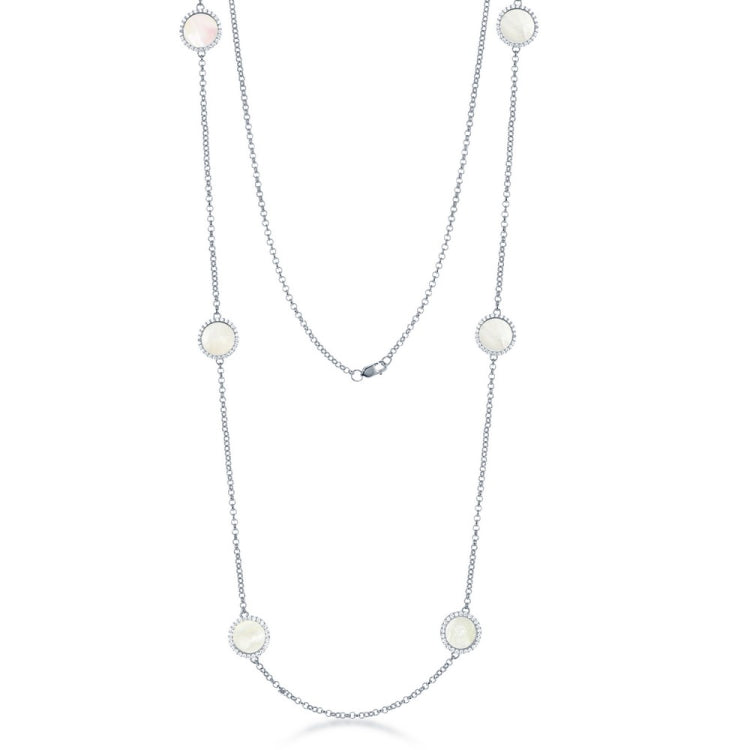 Sterling Silver Round MOP with CZ Border Necklace