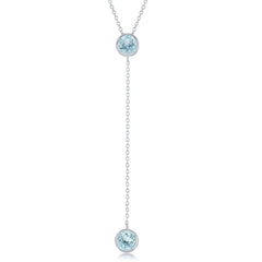Sterling Silver Round Blue Topaz w/ Long Hanging Chain & Round Blue Topaz Necklace