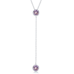 Sterling Silver Round Amethyst with Long Hanging Chain and Round Amethyst Necklace
