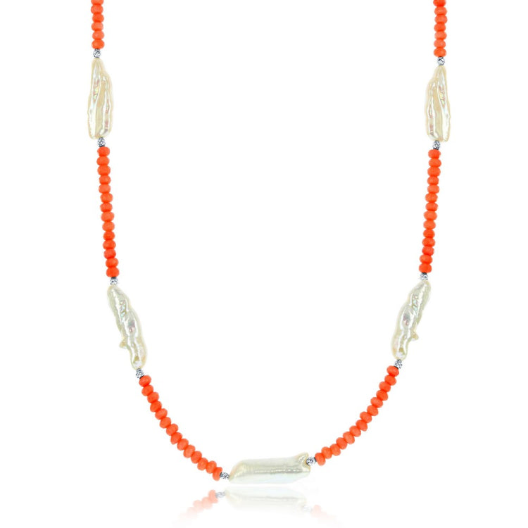 Sterling Silver  Orange Coral with Biwa Freshwater Pearl Necklace