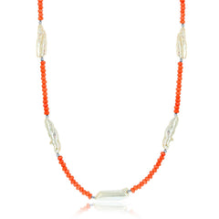 Sterling Silver  Orange Coral with Biwa Freshwater Pearl Necklace