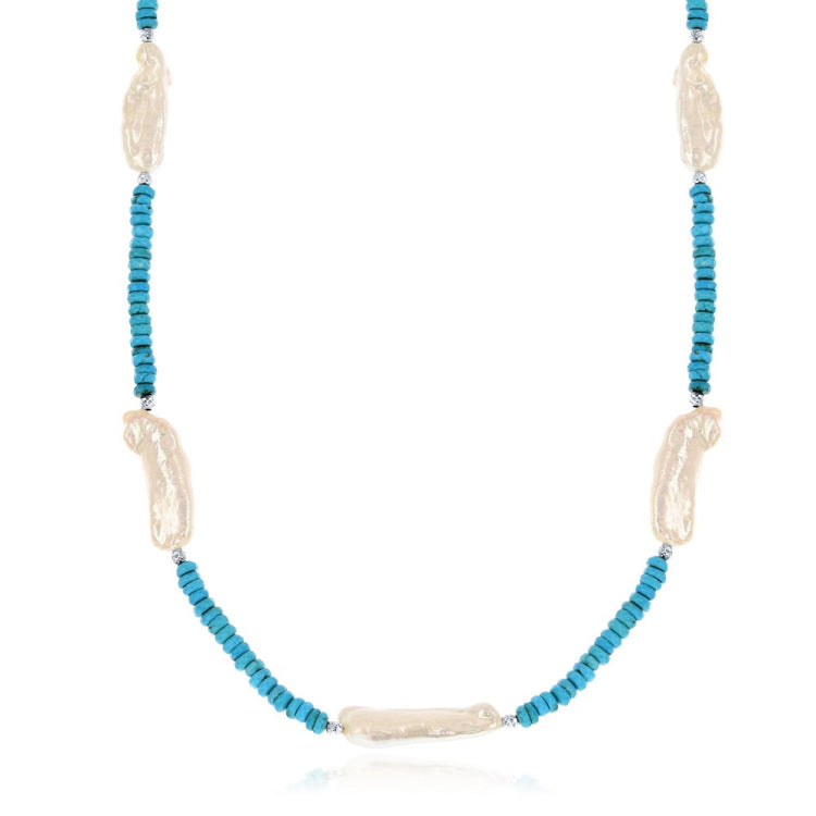 Sterling Silver 18" Turquoise with Biwa Freshwater Pearl Necklace