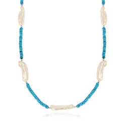 Sterling Silver 18" Turquoise with Biwa Freshwater Pearl Necklace