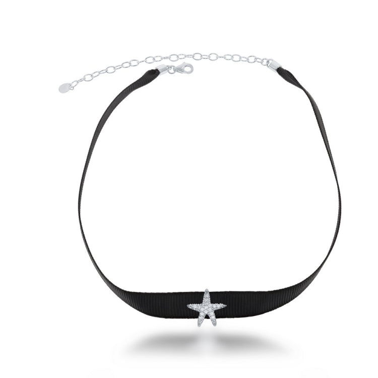 Sterling Silver Black Nylon with Center CZ Starfish Choker