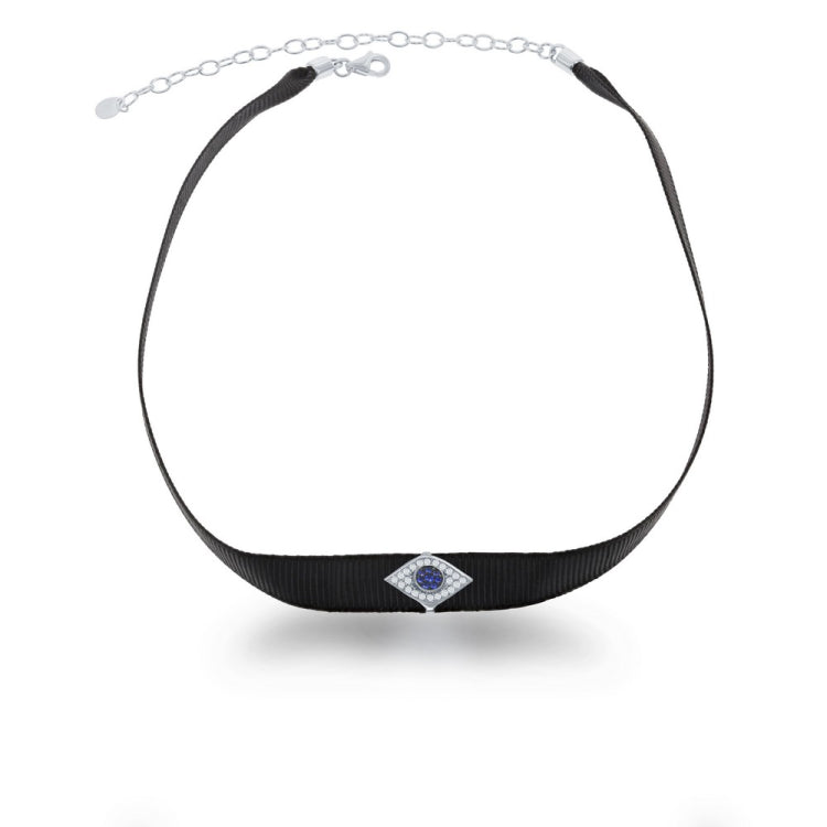 Sterling Silver Black Nylon Center Blue CZ Evil Eye With CZ Border Choker