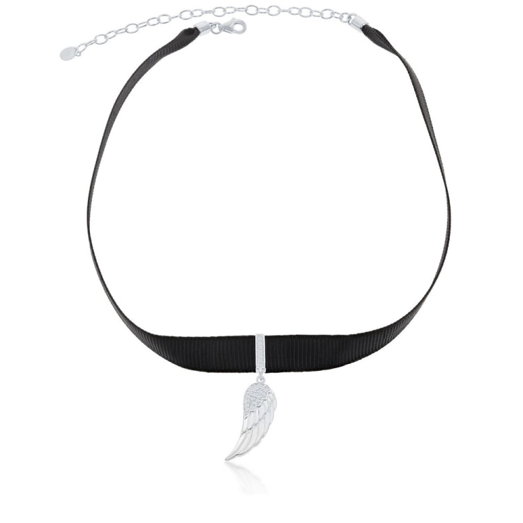 Sterling Silver Black Nylon with Center CZ Angel Wing Choker