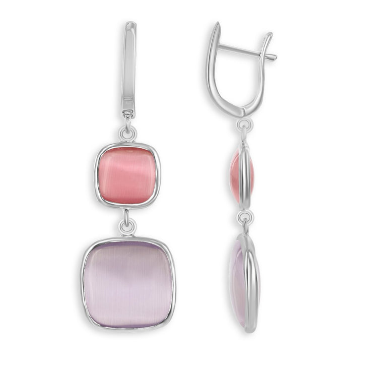 Sterling Silver Dark Watermelon Smaller Square & Light Violet Larger Square Cat's Eye Earrings