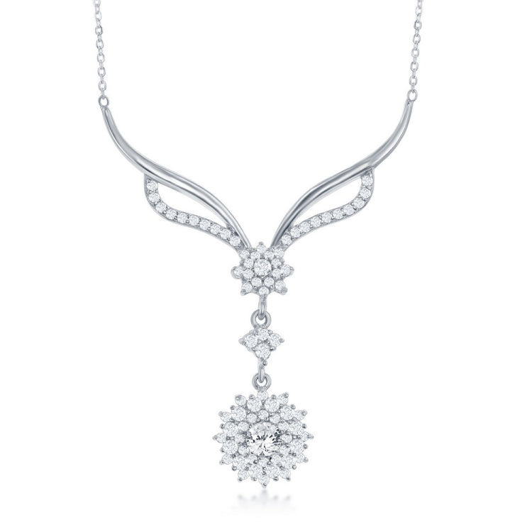Sterling Silver Y Design Top Small Flower & Drop Down Larger Flower CZ Necklace