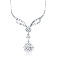 Sterling Silver Y Design Top Small Flower & Drop Down Larger Flower CZ Necklace