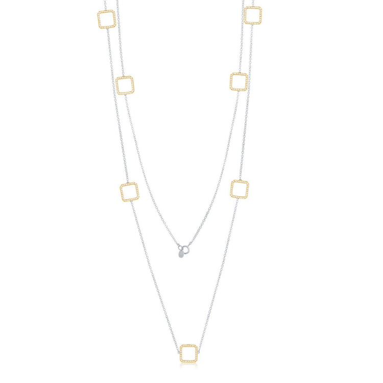 Sterling Silver Reversible Two Toned Open Squares By the Yard CZ Necklace