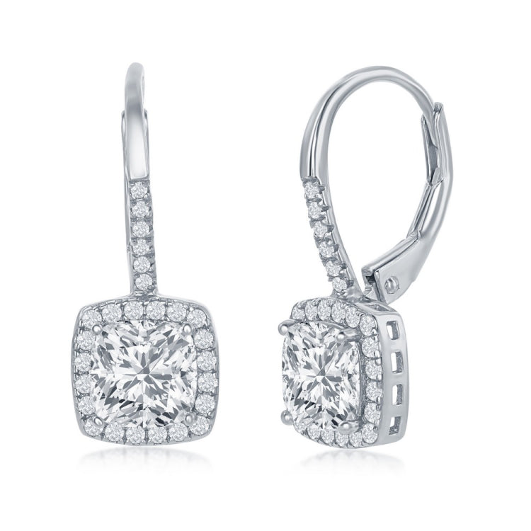 Sterling Silver Princess-Cut CZ with CZ Border Dangling Earrings