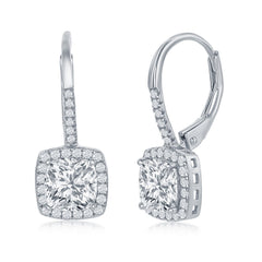 Sterling Silver Princess-Cut CZ with CZ Border Dangling Earrings