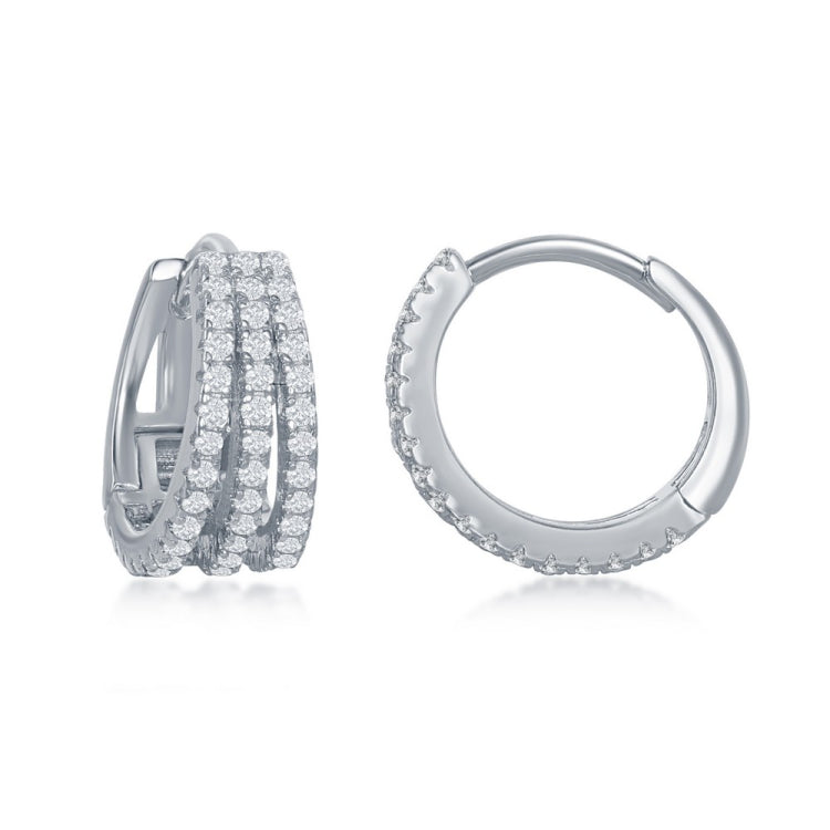 Sterling Silver Triple Row CZ Small Hoop Earrings