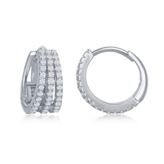 Sterling Silver Triple Row CZ Small Hoop Earrings