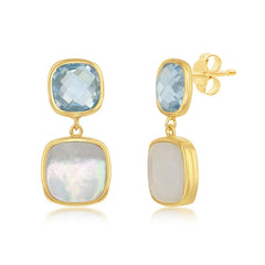Sterling Silver Double Square Blue Topaz and Mother of Pearl Earrings - Gold Plated