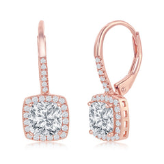 Sterling Silver Princess-Cut CZ with CZ Border Dangling Earrings - Rose Gold Plated