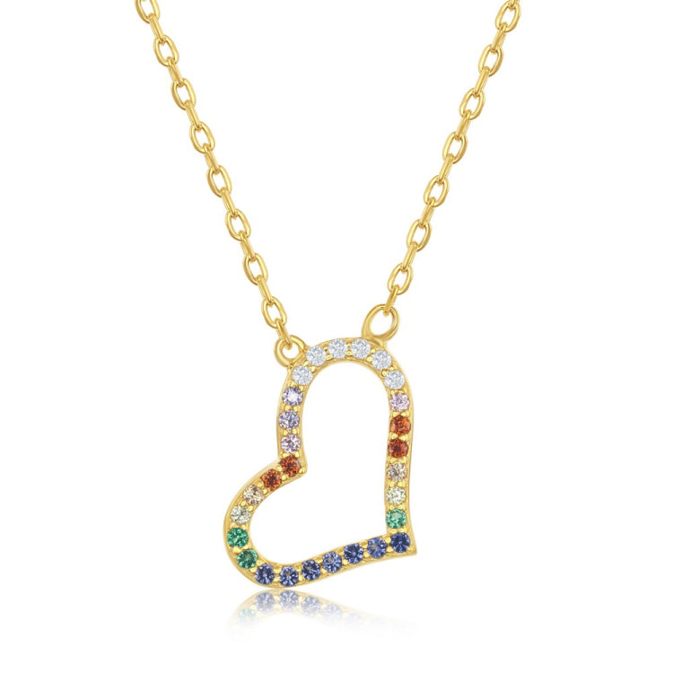 Sterling Silver Rainbow CZ Sideways Heart Necklace - Gold Plated
