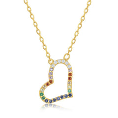 Sterling Silver Rainbow CZ Sideways Heart Necklace - Gold Plated