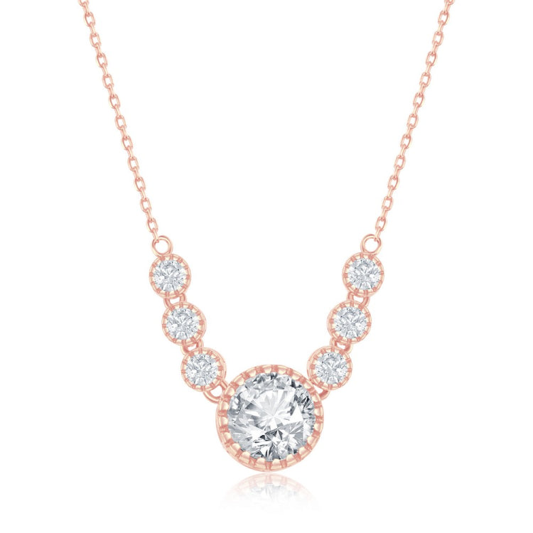 Sterling Silver Round CZ Necklace -  Rose Gold Plated