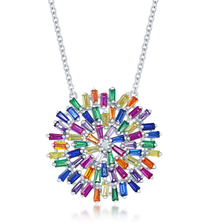 Sterling Silver Rainbow Baguette CZ Round Necklace