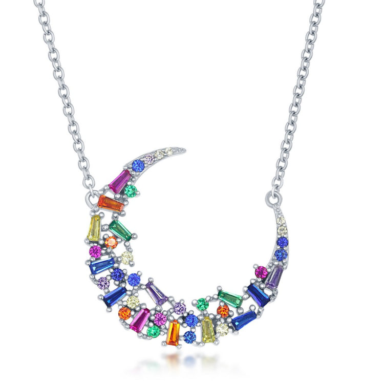 Sterling Silver Rainbow Baguette CZ Crescent Moon Necklace