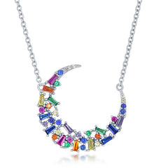 Sterling Silver Rainbow Baguette CZ Crescent Moon Necklace
