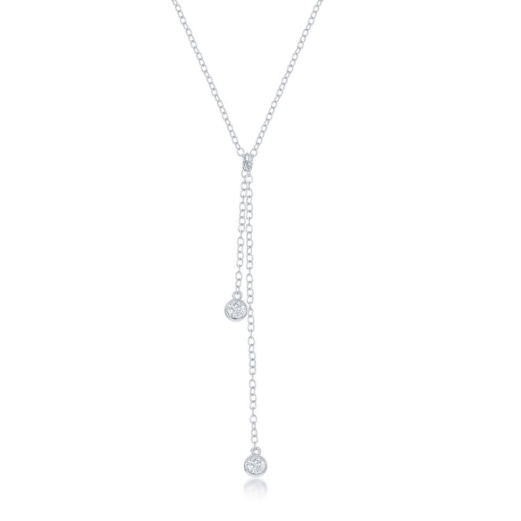 Sterling Silver Double Bezel-Set CZ Dangling Lariat Necklace