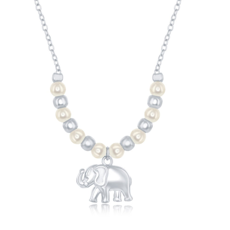 Sterling Silver Alternating FWP & Plain Bead Elephant Charm Necklace